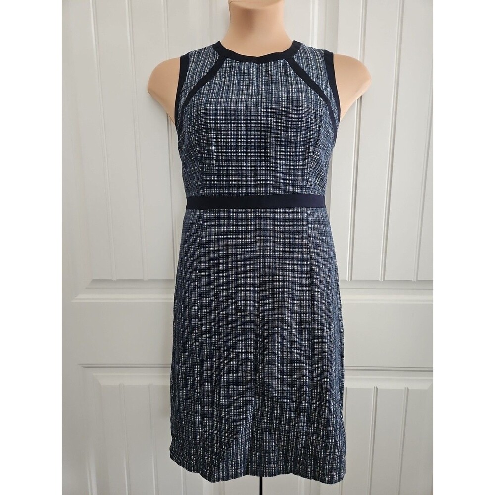 Talbots Navy Blue Textured Tweed Linen Cotton Sleeveless Sheath Dress Size 12